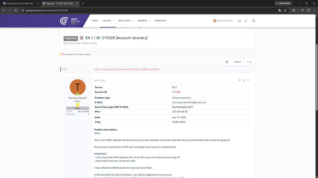 Rejected EN 1 ID 219228 Account recovery Grand Role Play Forum Google Chrome 5 12 20