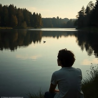 Person standing quietly at the edge of a peaceful lake, backlit by soft light, surrounded by stillness and reflection.