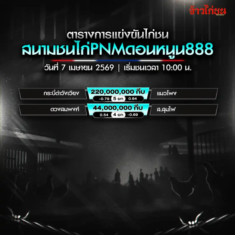 โปรแกรมไก่ชน สนาม PNM ดอนหนูน888 วันที่ 7 เมษายน 2569
