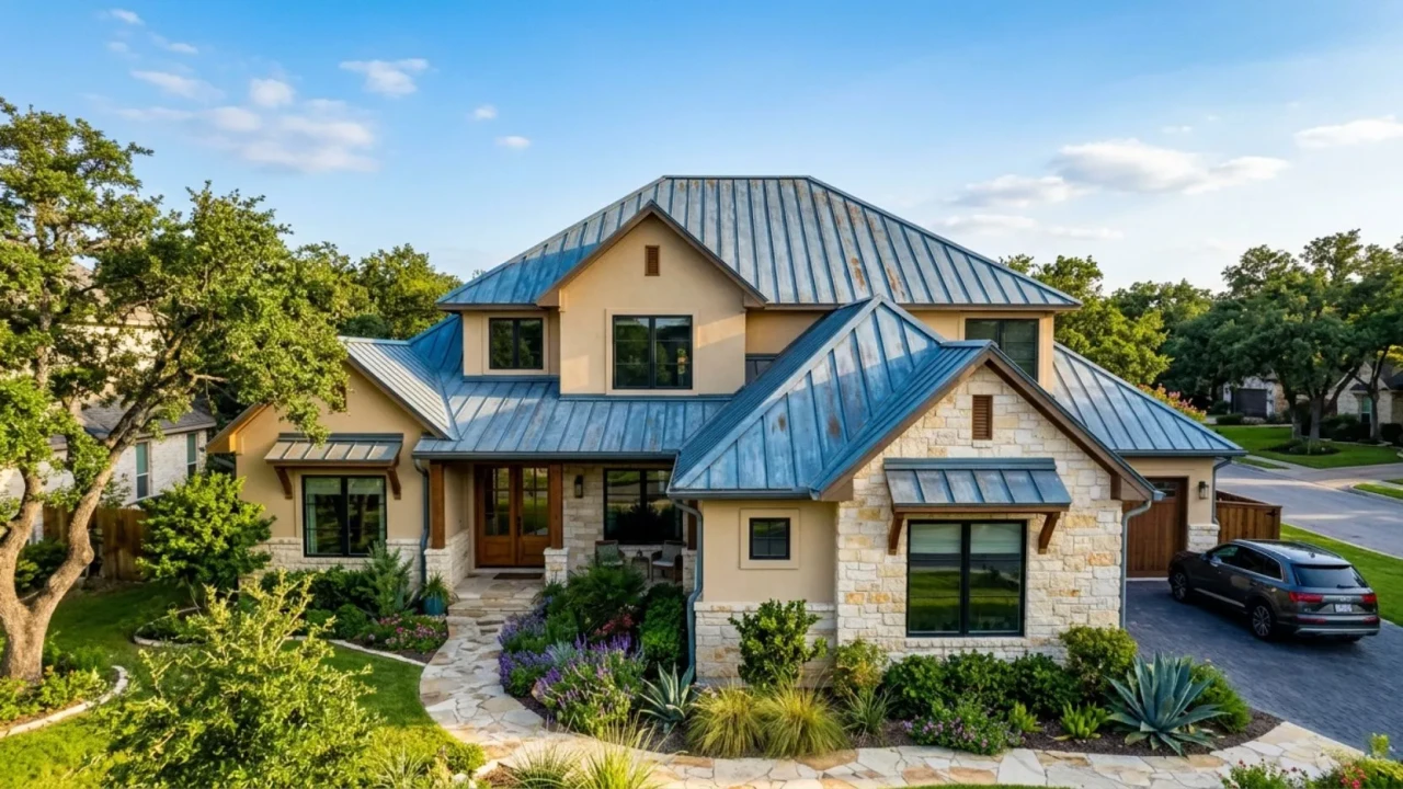 Zinc roof with natural blue-grey patina on a residential home in San Antonio Texas