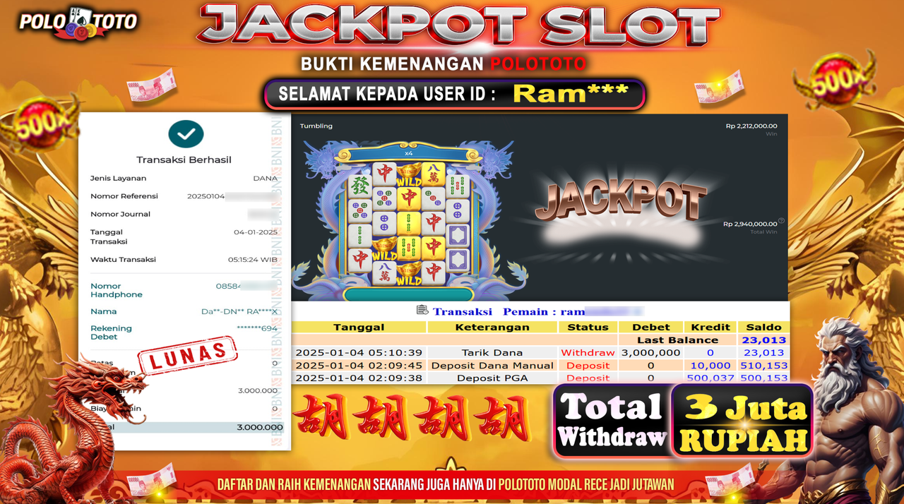 POLOTOTO JACKPOT SLOT MAHJONG WINS BLACK SCATTER 3 Rp.3,000.000,-