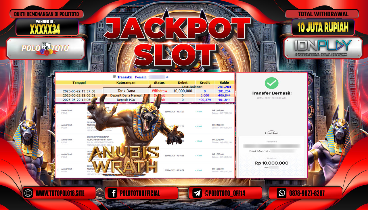 POLOTOTO JACKPOT SLOT ANUBIS WRATH Rp.10.000.000,-