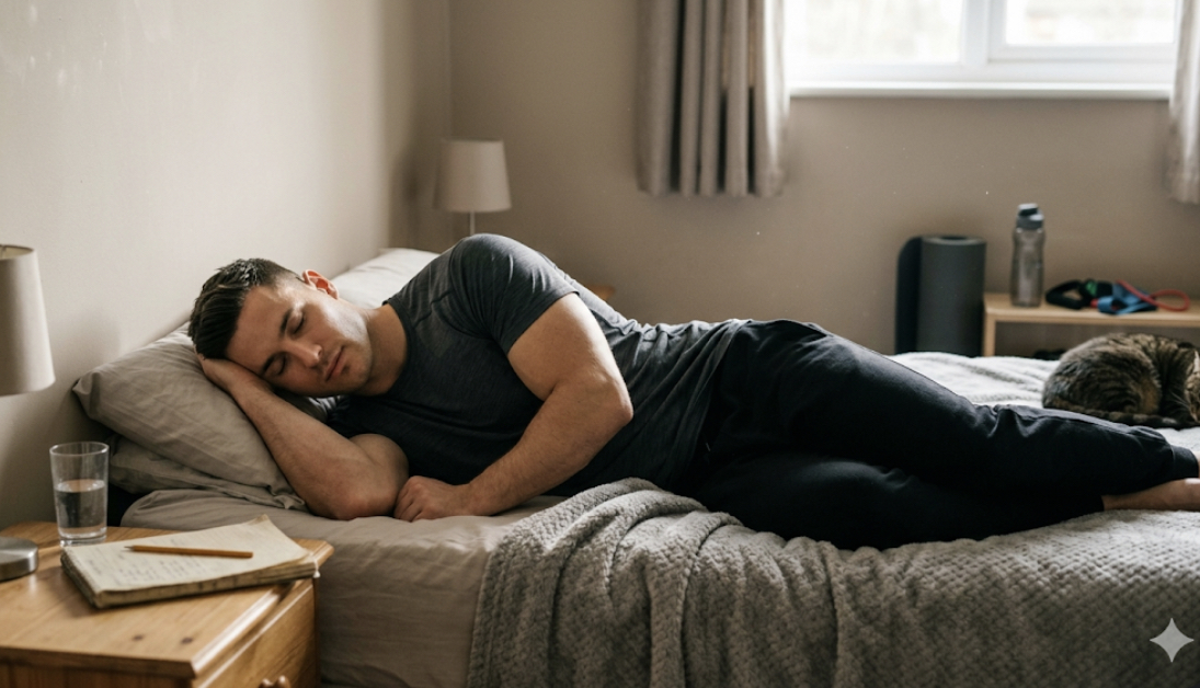 Person resting and sleeping for recovery during home muscle building program to gain muscle without going to the gym
