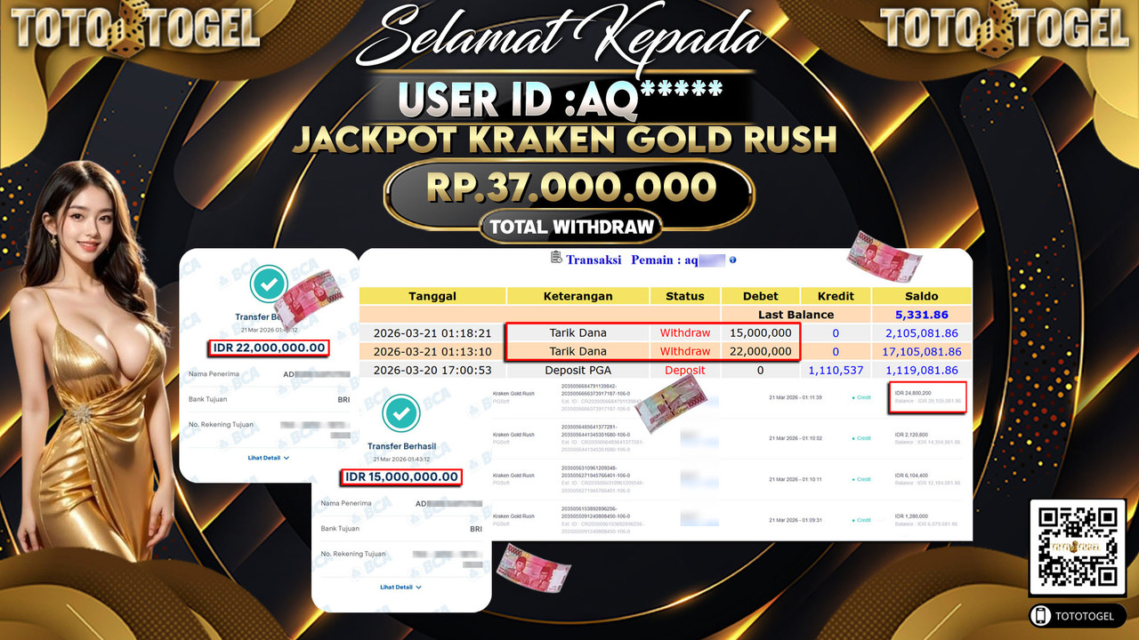 Bukti Pembayaran Jackpot Permainan Slot Kraken Gold Rush ID:AQ*****LUNAS