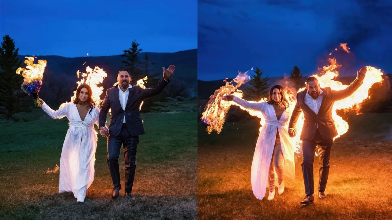 Pareja se vuelve viral en TikTok tras ingresar a su boda prendida en fuego