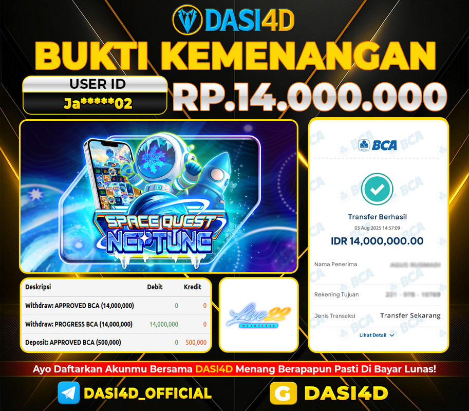 BUKTI KEMENANGAN 03 AGUSTUS DI SPACE QUEST NEPTUNE WD 14.000.000