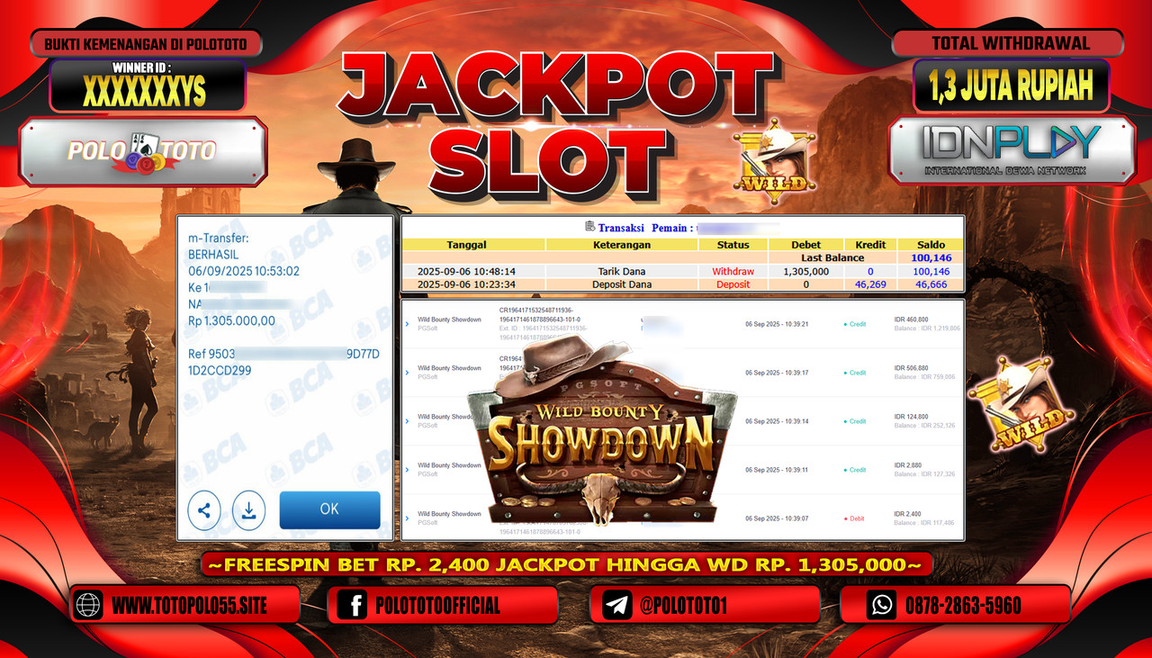 POLOTOTO JACKPOT SLOT WILD BOUNTY SHOWDOWN Rp.1.300.000,- LUNAS