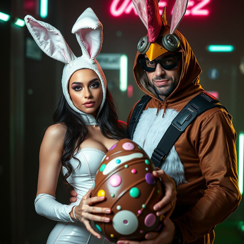 cyberpunk style and background._0Aa beautiful womn wearing a sexy bunny suit and a man wearing a hen