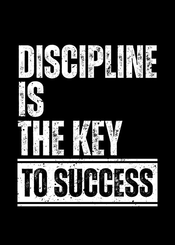 Bold motivational quote image with grunge texture saying “Discipline is the key to success” on a black background.