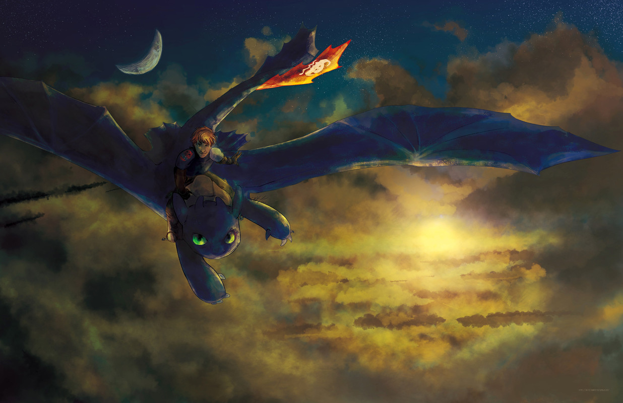 How To Train Your Dragon print of Hiccup riding Toothless high in the sky at sunset in a cloudy sky.