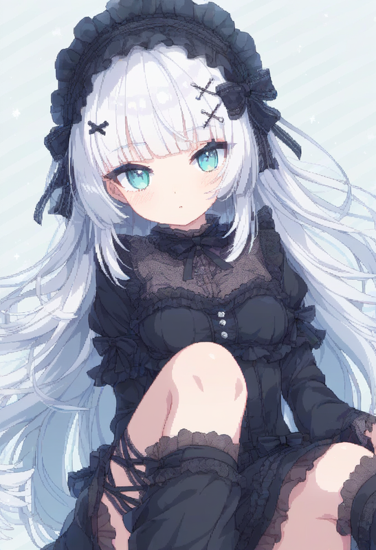 1girl, striped background, aqua eyes, long hair, hime cut, white hair, short ban s-582653679