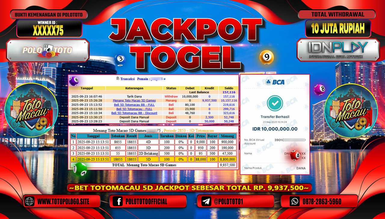 POLOTOTO JACKPOT TOGEL TOTO MACAU Rp.10.000.000,- LUNAS