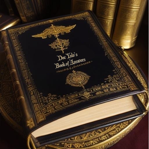 a leather bound book with decorations of golden inlay, the book title is Doc Yale's Book of Answers