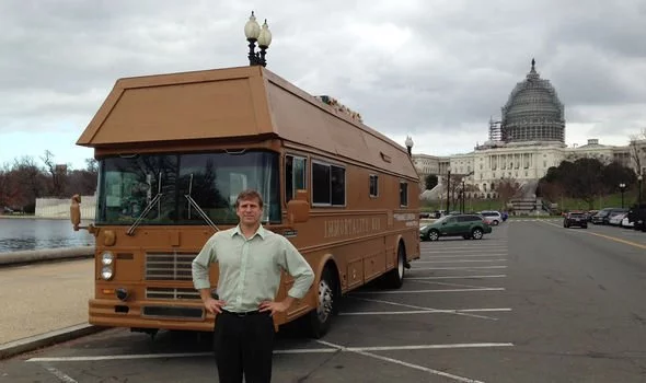 Zoltan Istvan pictured with the immortality bus during the 2016 campaign