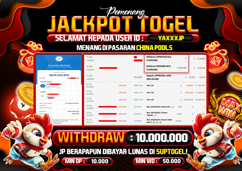  BUKTI KEMENANGAN 12 OCTOBER 2025 MENANG DI PERMAINAN TOGEL PASARAN CHINA POOLS 10 JT