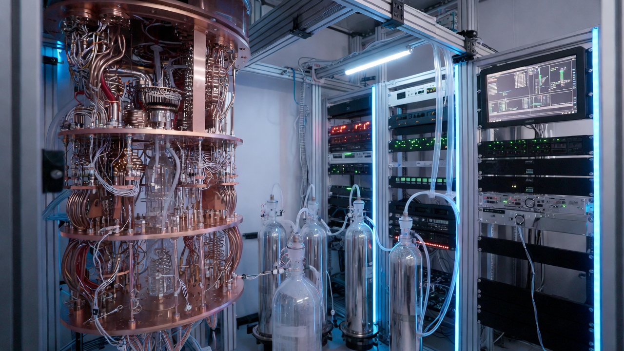 Modern quantum computing lab with cryogenic cooling systems and control equipment