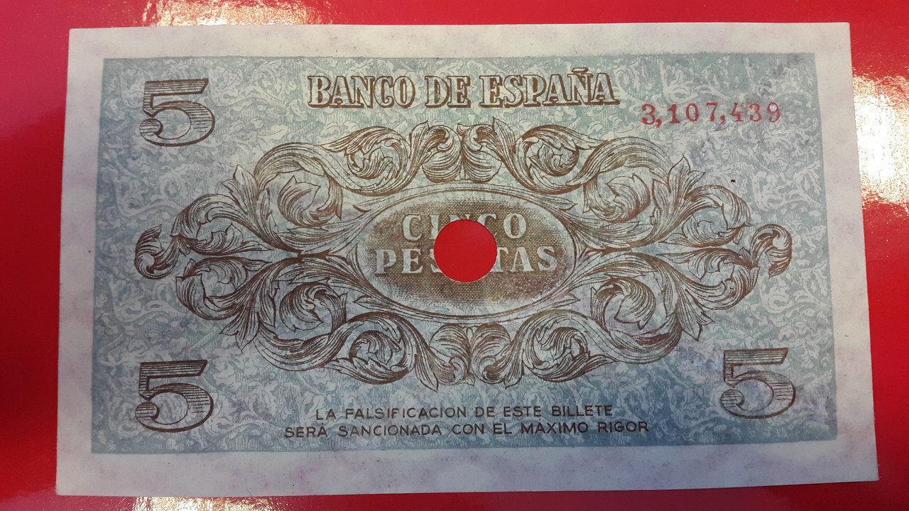 5 pesetas 1936, este billete tiene un agujero 20180927_143920