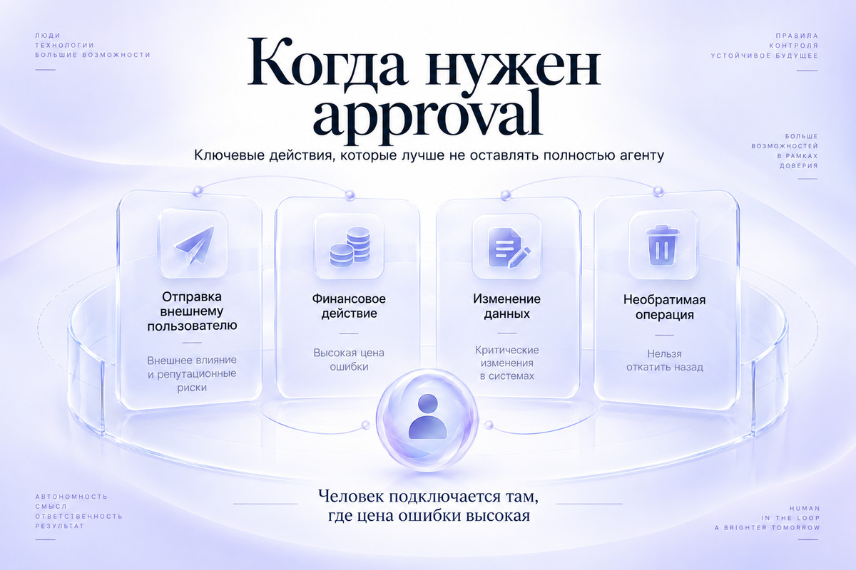 Когда AI-агенту нужен approval: внешняя отправка, финансовые действия, изменение данных и необратимые операции