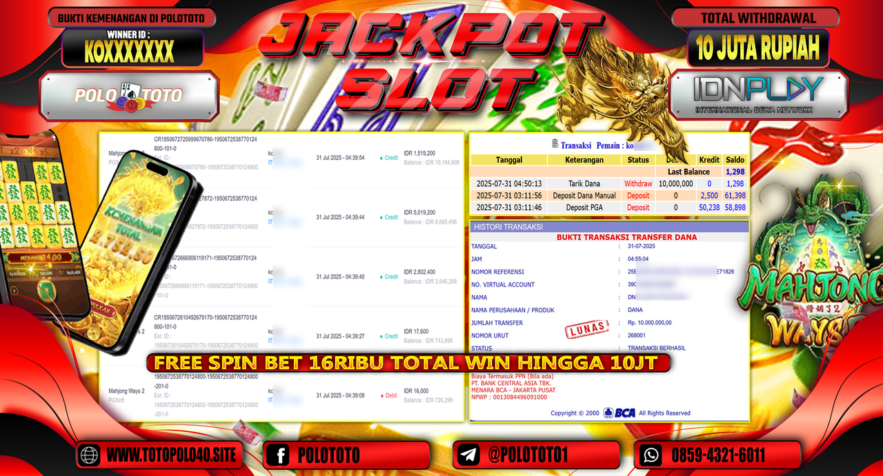 POLOTOTO JACKPOT SLOT MAHJONG WAYS 2 Rp.10.000.000,-LUNAS