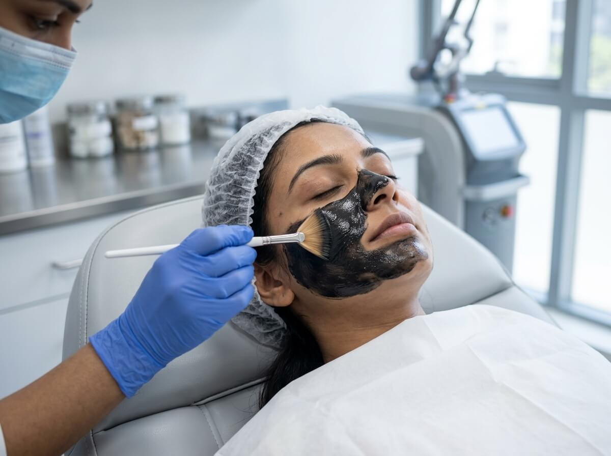 Applying carbon suspension during carbon laser facial at Fair Skins BD
