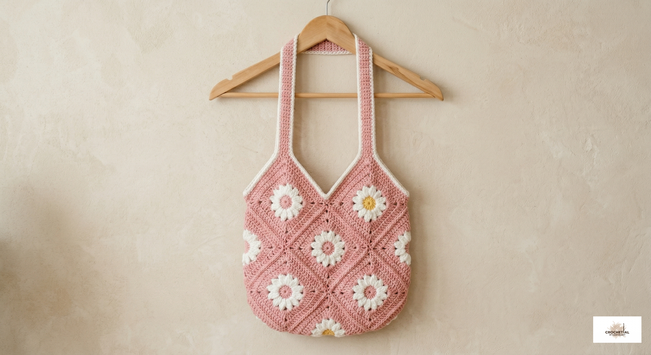 Pink crochet tote bag
