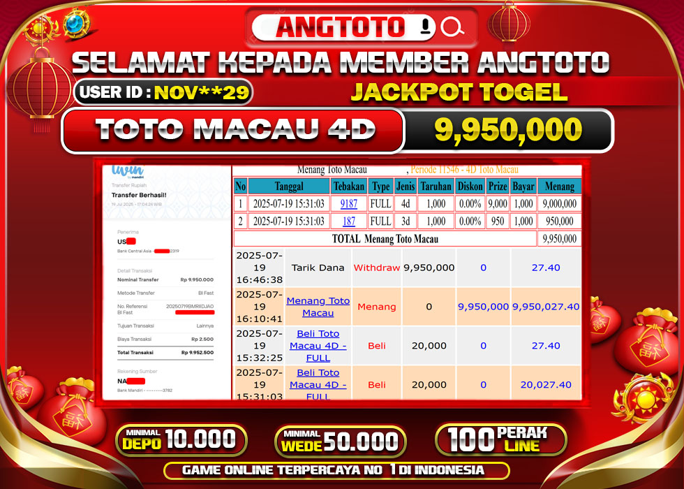 BUKTI PELUNASAN 19 JULY 2025 MENANG DI PASARAN TOTO MACAU 4D TOTAL WD 9,9 JUTA
