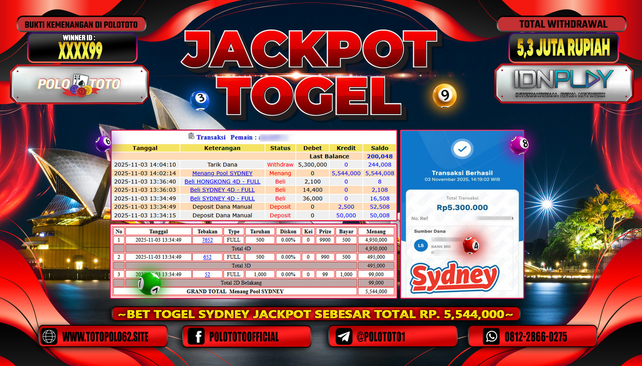 POLOTOTO JACKPOT TOGEL POOL SYDNEY Rp.5.300.000,- LUNAS