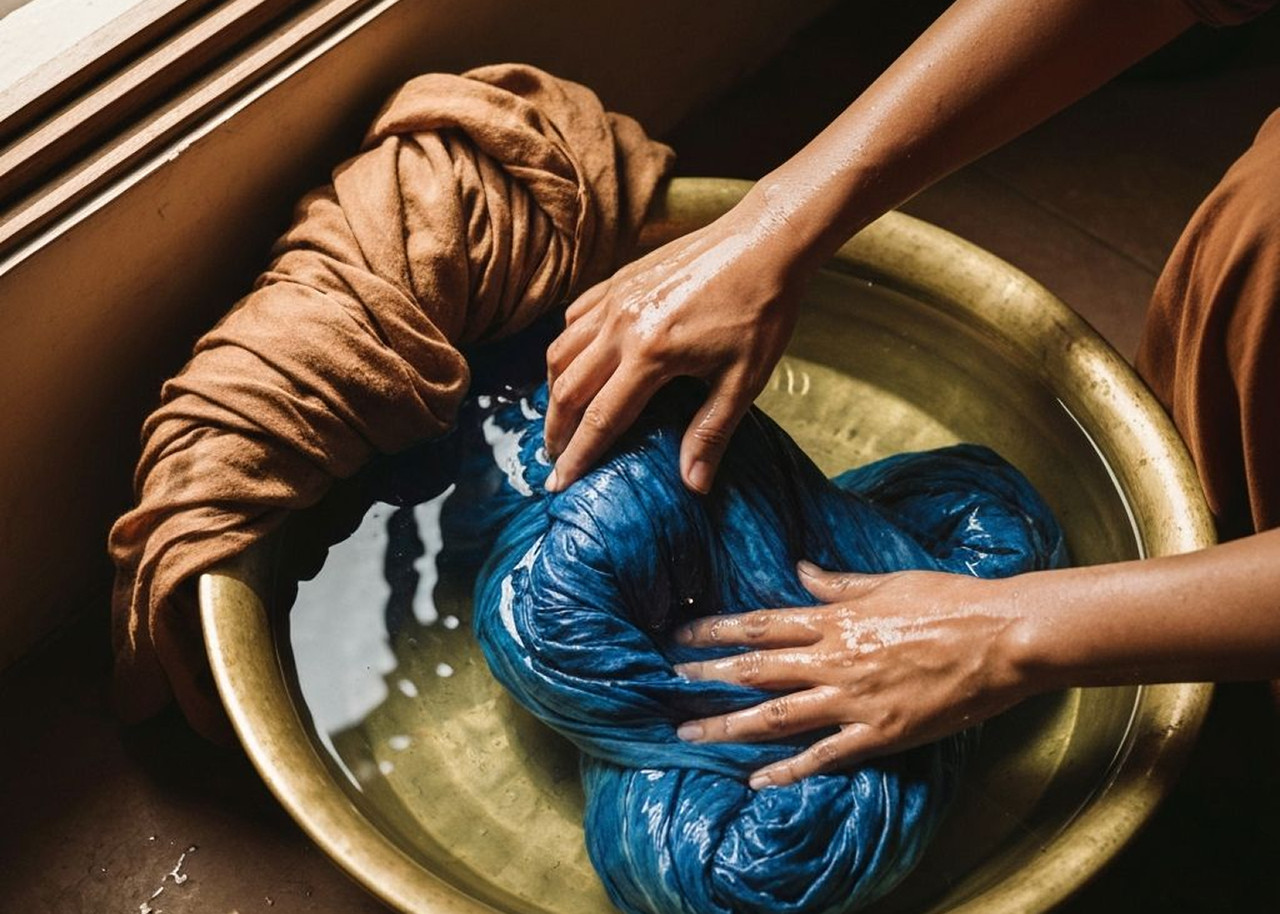Close-up of handloom fabric being washed in a basin