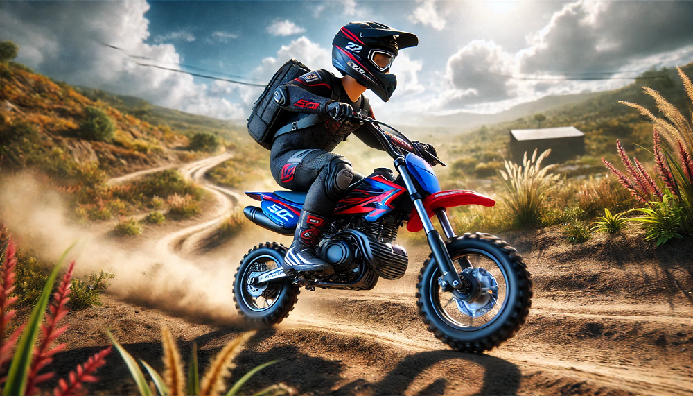 50cc dirt bike speeding along a rugged dirt trail