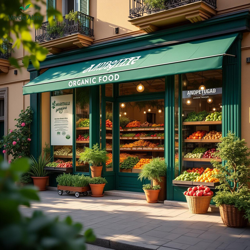 specialized organic food shop front in spain eco branding fresh produce display sunny street pho