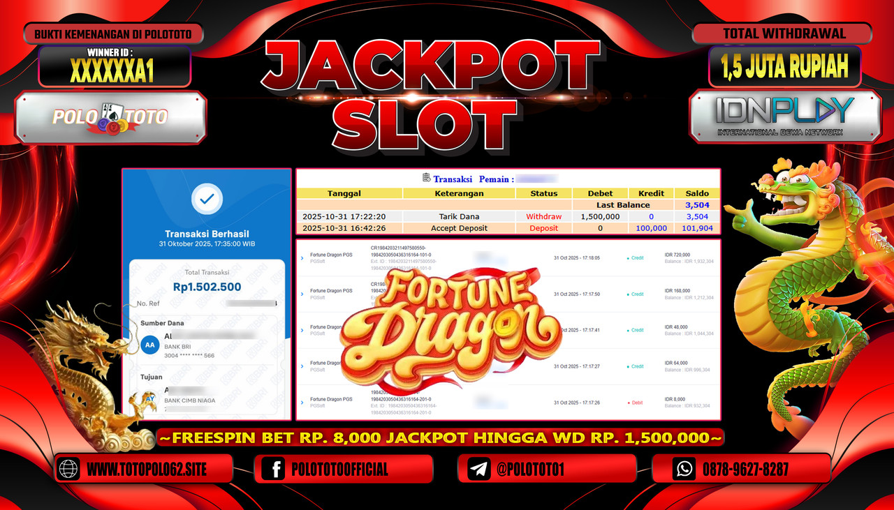 POLOTOTO JACKPOT SLOT FORTUNE DRAGON PGS Rp.1.500.000,- LUNAS
