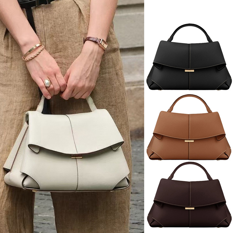 Black Elegant Womens Genuine Cowhide Leather Top Handle Satchel - Chic Flap Crossbody Shoulder Bag