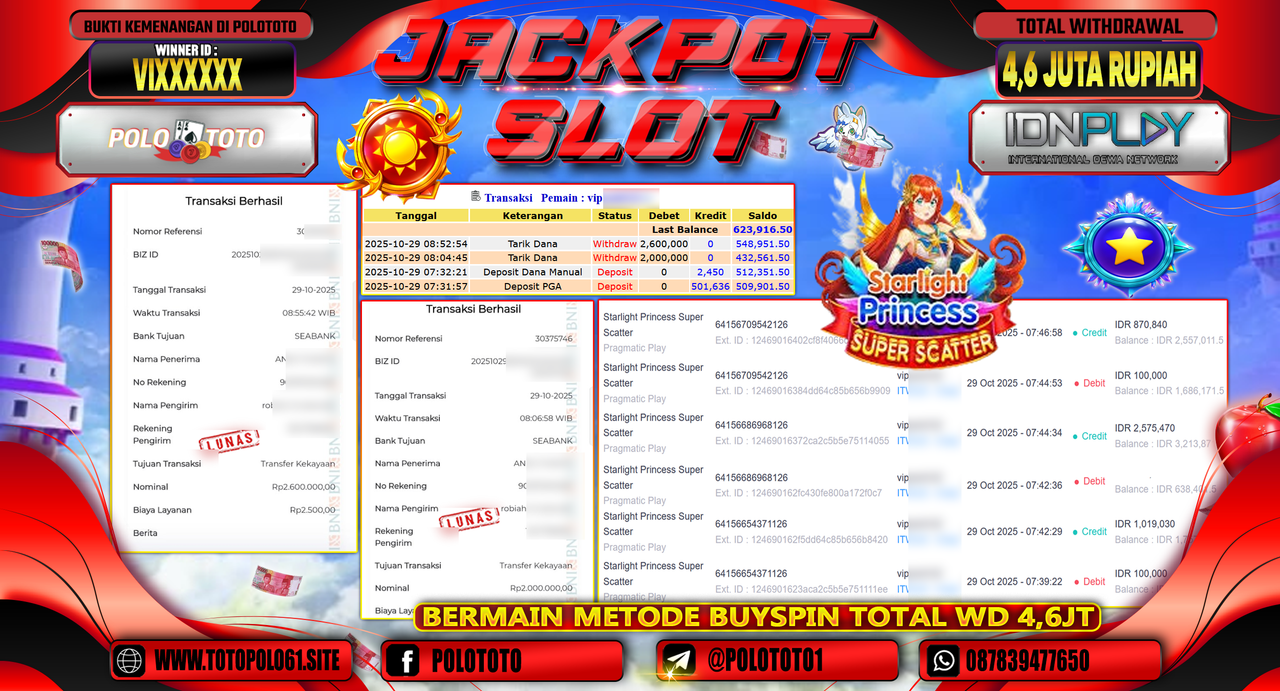 POLOTOTO JACKPOT SLOT STARLIGHT PRINCESS SUPER SCATTER Rp.4.600.000,- LUNAS