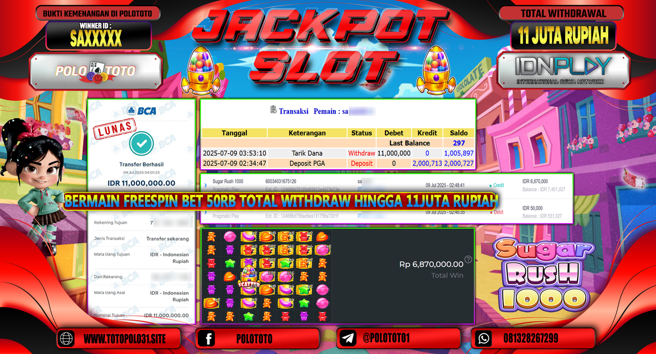 POLOTOTO JACKPOT SLOT SUGAR RUSH 1000 Rp.6.000.000,-