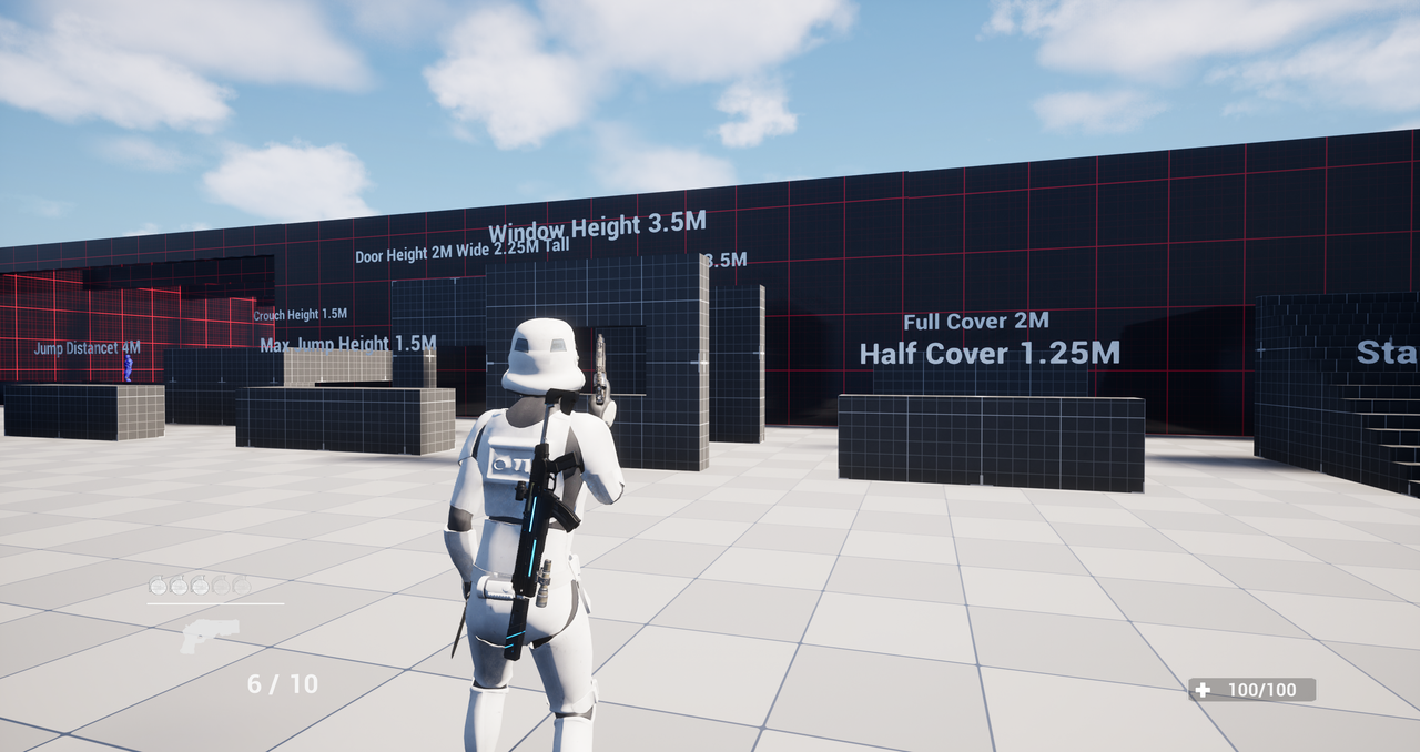 Metrics & scale validation zone showing doors, cover heights, and traversal measurements