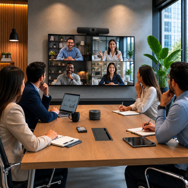 Alto-falantes est�reo integrados e �udio n�tido de videoconfer�ncia