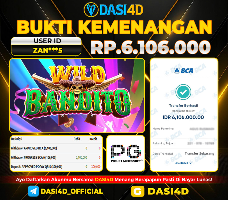 BUKTI KEMENANGAN 03 AGUSTUS DI WILD BANDITO WD 6.106.000 