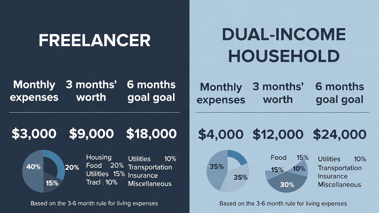 Side by side comparison of two different emergency fund calculations showing freelancer vs dual-income household