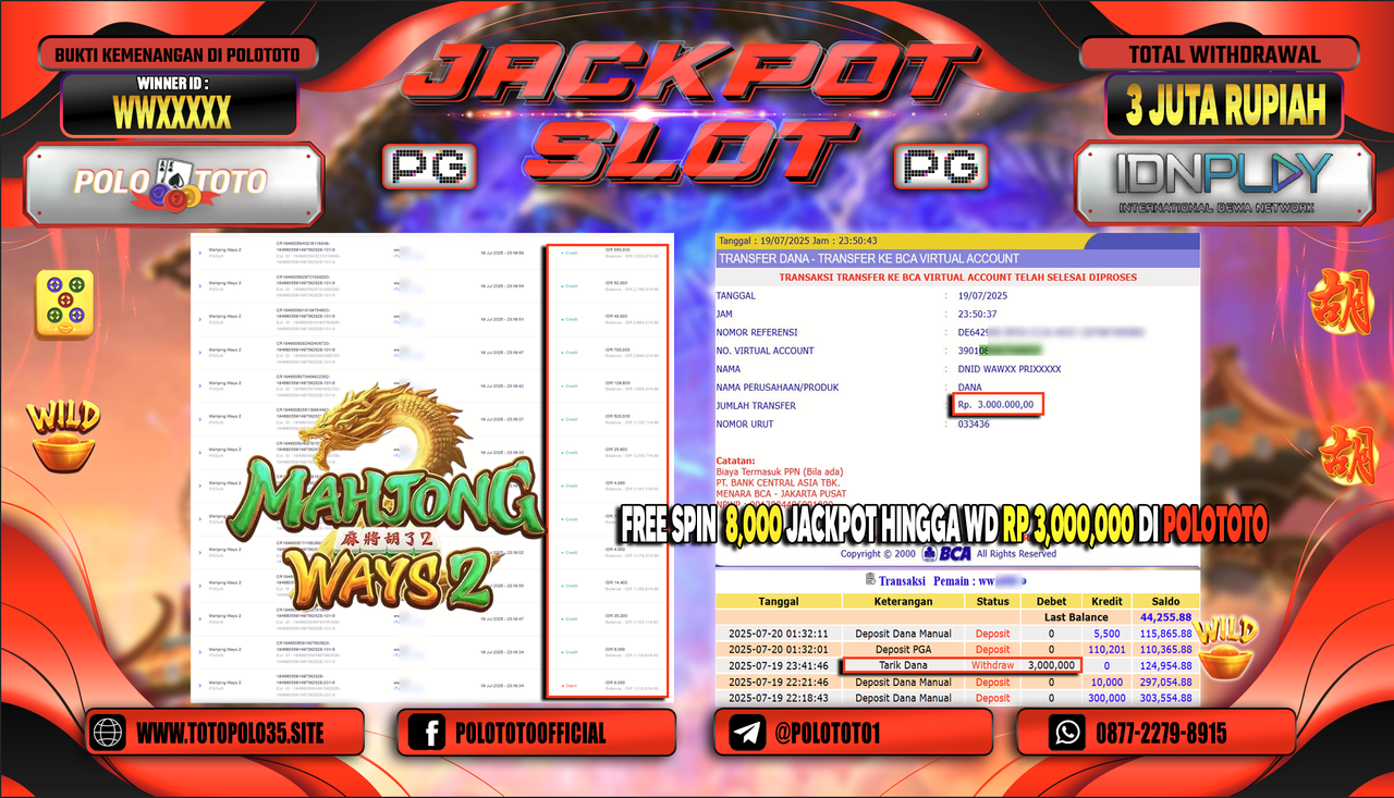 POLOTOTO JACKPOT SLOT MAHJONG WAYS 2 Rp.3.000.000,- LUNAS