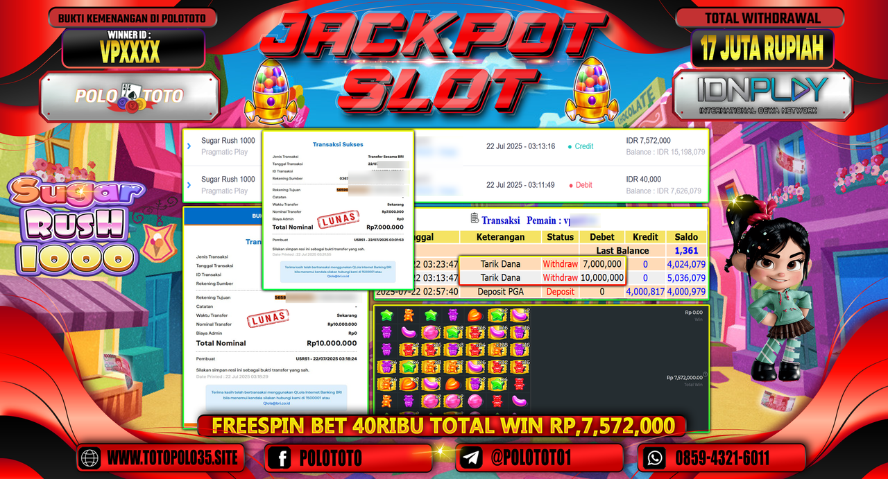 POLOTOTO JACKPOT SLOT SUGAR RUSH 1000 Rp.17.000.000,- LUNAS