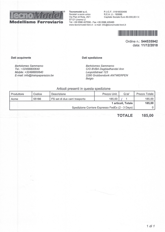 Tecnomodel - 11:12:2018 - Ordine 544535942 - FS - ACME art 55186 - Set di due carri trasporto FS - €