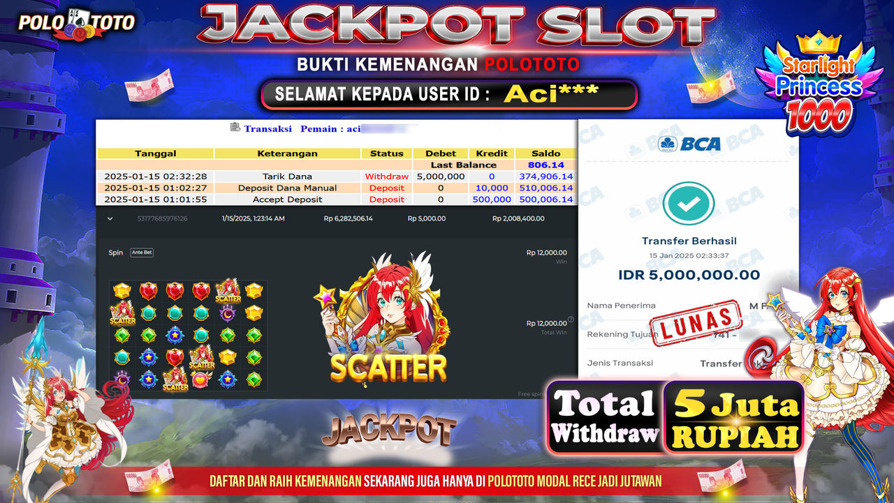 POLOTOTO JACKPOT SLOT STARLIGHT PRINCESS 1000 Rp.5,000.000,-