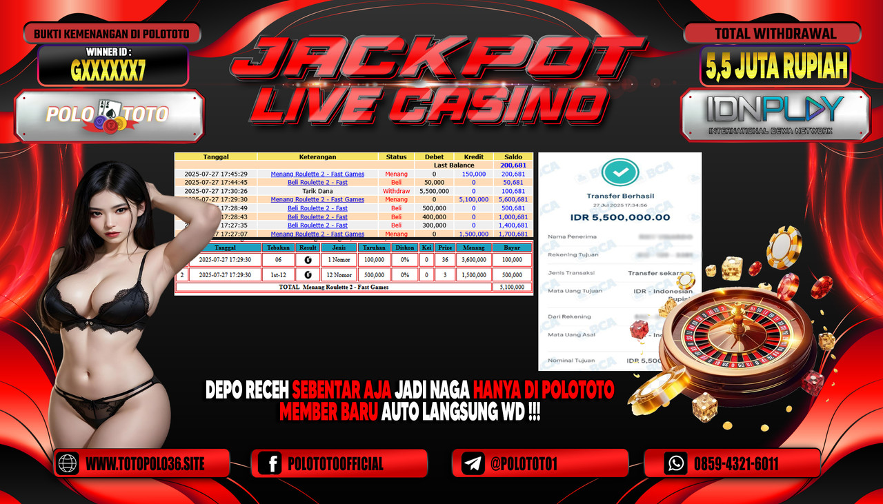 POLOTOTO JACKPOT LIVE CASINO ROULETTE 2 - FAST GAMES Rp.5.500.000,-LUNAS