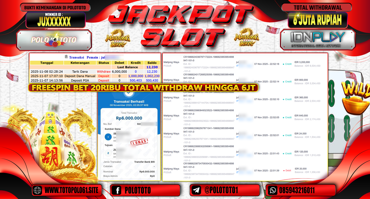 POLOTOTO JACKPOT SLOT MAHJONG WAYS Rp.6.000.000,- LUNAS