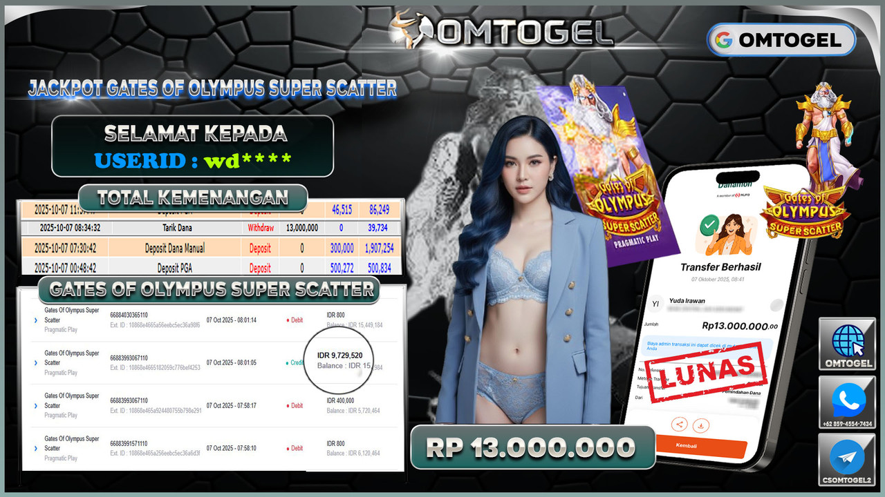 OMTOGEL JACKPOT PRAGMATIC PLAY GATES OF OLYMPUS SUPER SCATTER 13 JUTA DI BAYAR LUNAS ,-