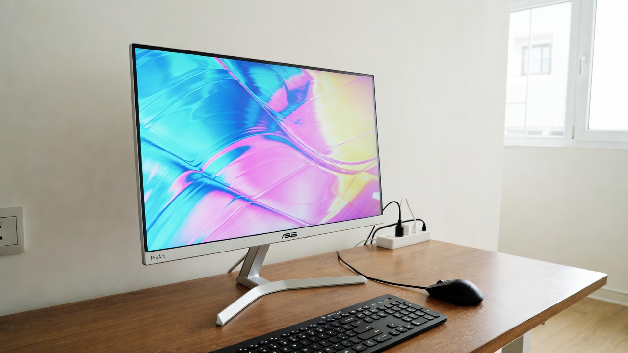 ASUS ProArt monitor on desk with keyboard and mouse in bright home office