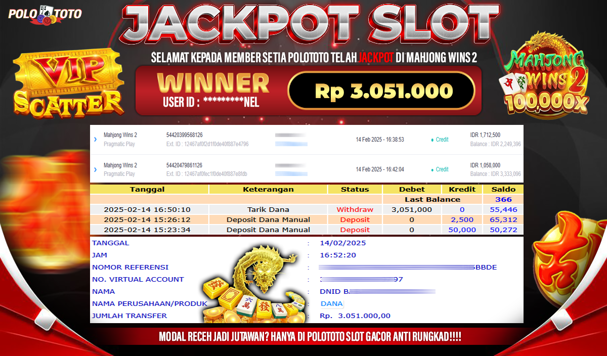 POLOTOTO JACKPOT SLOT MAHJONG WINS 2 Rp.3.051.000,-