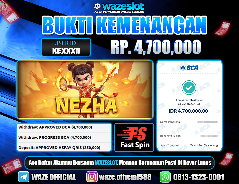 BUKTI KEMENANGAN 08 JANUARI 2026 GAME NEZHA (FASTSPIN)