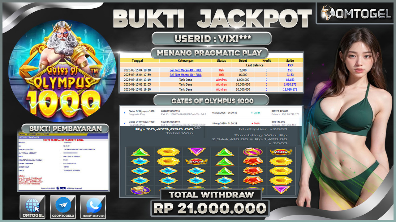 OMTOGEL JACKPOT PRAGMATIC PLAY GATES OF OLYMPUS 21 JUTA DI BAYAR LUNAS ,-