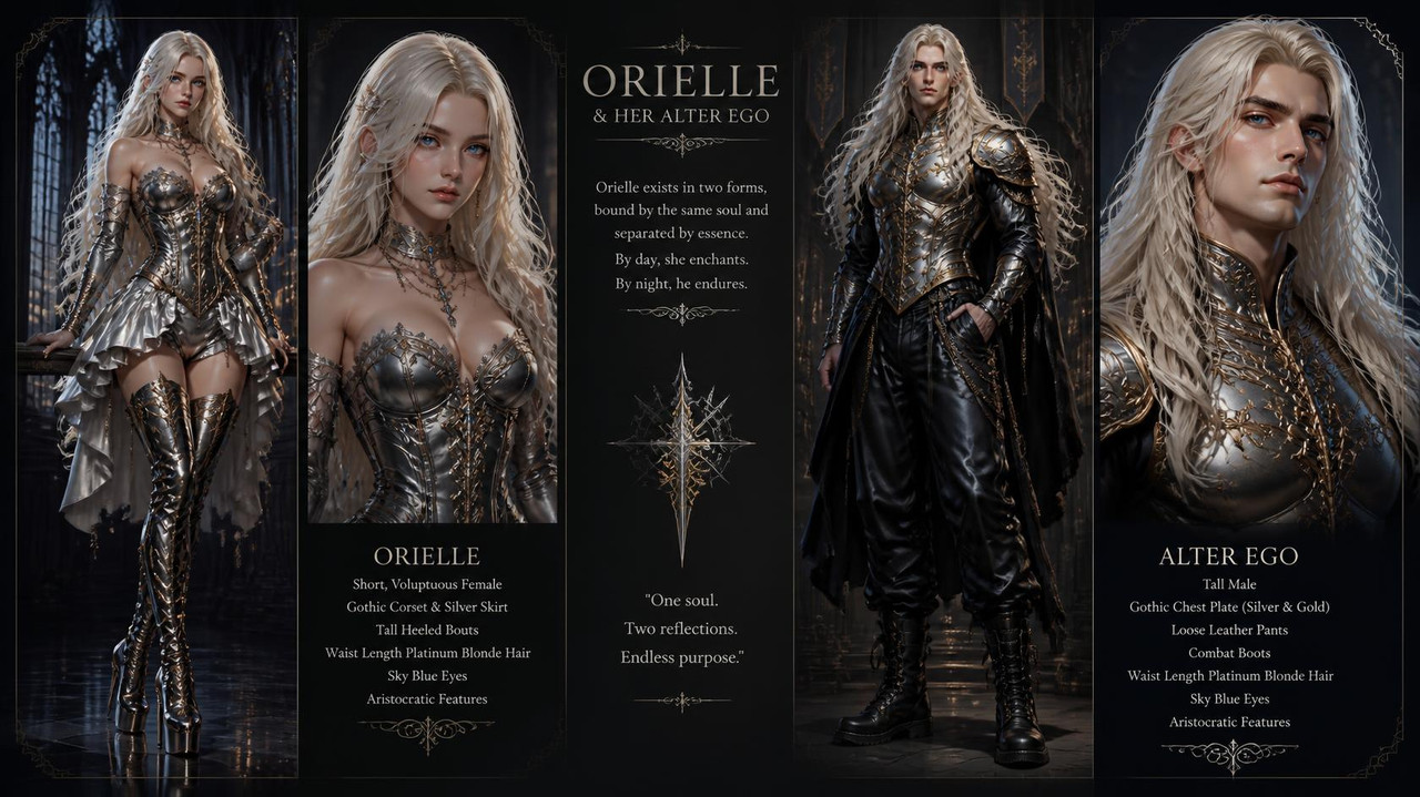 Orielle is as Short voluptuous female in Gothic corset and a short skirt made of silver with Tall h
